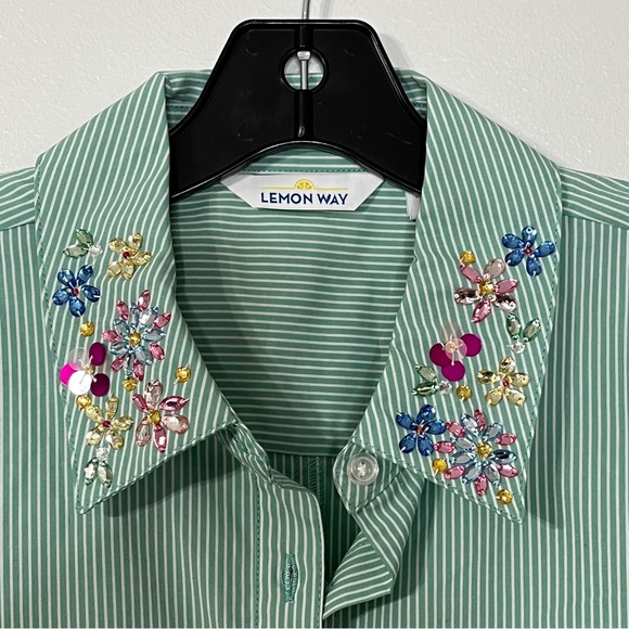 Lemon Way Green Stripe Button Down Blouse - Picture 3 of 6